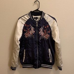 Navy Blue and white bomber jack with floral embroidery